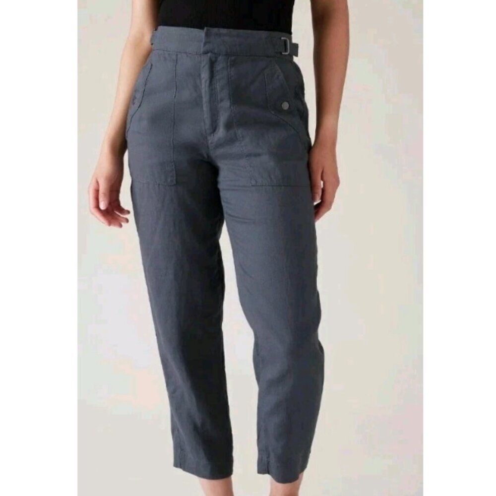 Athleta Voyager 100% Linen Pant Size 2 High Rise Granite Blue Adjustable Waist